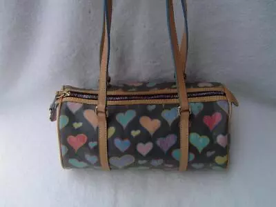 Authentic Dooney&bourke Multi Colored Hearts Coated Canvas Barrel Bag  Vgc • $79.99