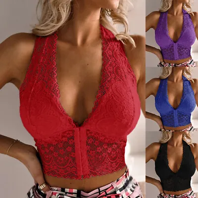£6.83 • Buy Women Halter Neck Crop Tops Vest Bustier Bralet Lace Tank Tops Lace Mesh Sexy 