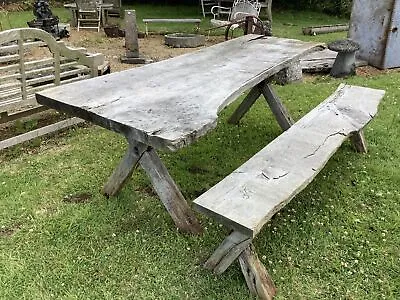 7`4  Long Old Solid Oak Garden Cross Legged Table & Backless Bench • £1500