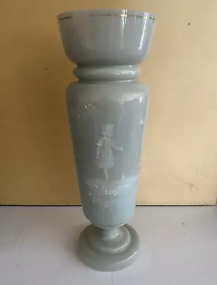 MARY GREGORY VASE Grey Milk Glass ANTIQUE Lovely Painting Of Girl Feeding A Bird • $550