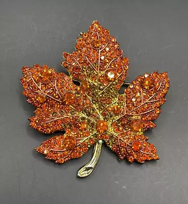 Gold Tone Rhinestone Autumn Maple Leaf Brooch Pin • $12.75