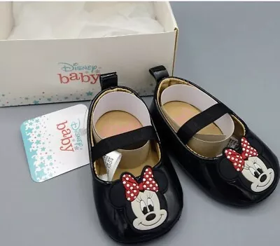 Minnie Mouse Black Ballet Flats Baby Slippers Shoes Size 3/6M Gift Box Set • $17.75