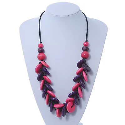 £12 • Buy Bright Pink/ Violet Wood 'Button' Cluster Cotton Cord Necklace - 70cm Length