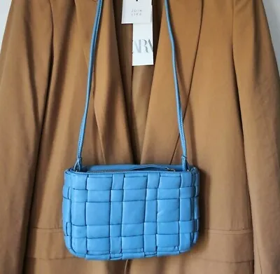 Zara New Quilted Plaited Real Leather Crossbody Bag Blue Chic Classic 6780/510 • £55.96