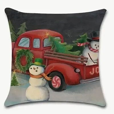 Vintage Whimsical Snowman Tree Farm Christmas Throw Pillow Cover Home Decor 18” • $13.56
