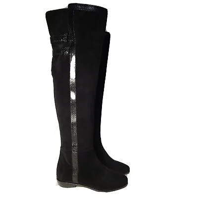 Michael Kors Womens Boots OTK Over The Knee Black Suede Snake Trim Flat Sz 7.5 • $80