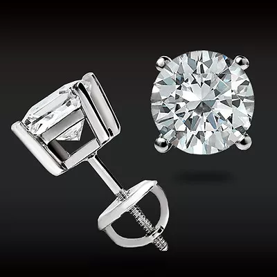 2.00 Ct Round Cut Gra Moissanite Earrings 14k Solid White Gold Studs Screw-back • $65.24