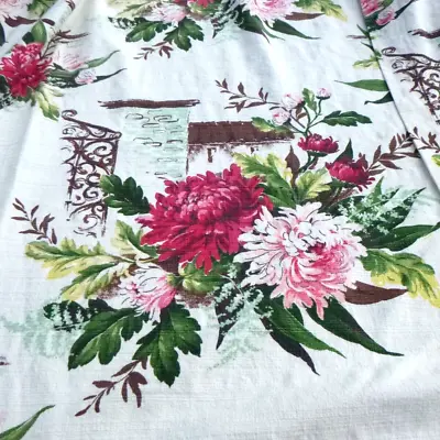 ONE Vtg Barkcloth Curtain BIG Pink Floral Tower Vat Print 26x78   *HOLE* #1 • $42