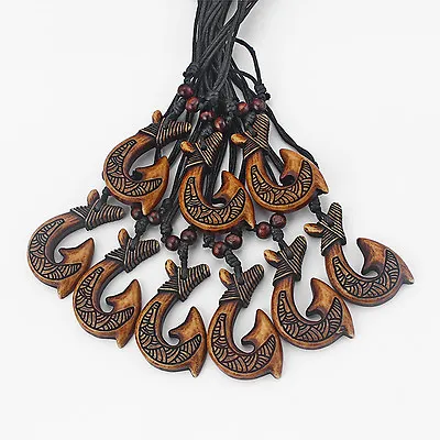 Wholesale Lot 12pcs Brown Tribal Maori Fish Hook Pendant Necklace • $11.99