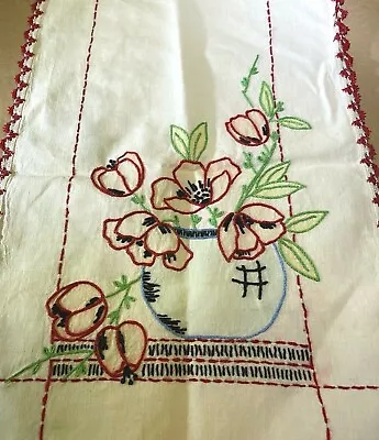 40's Vintage DECO Table Runner EMBROIDERED Bowl RED POPPIES Floral Crochet • $12.95