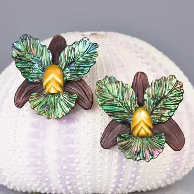 Pair Orchid Flowers Carved Abalone Shell Black & Golden Mother-of-Pearl 6.31 G • $54