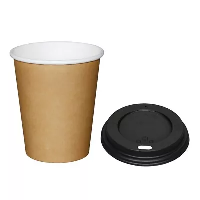 Standard Double Wall Kraft Disposable Coffee Takeaway Cups With Lids 8oz FAST • £7.67