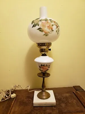 VTG 20  White Milk Glass Floral Lamp & Marble Base NEEDS REWIRED Or For Parts • $11.40