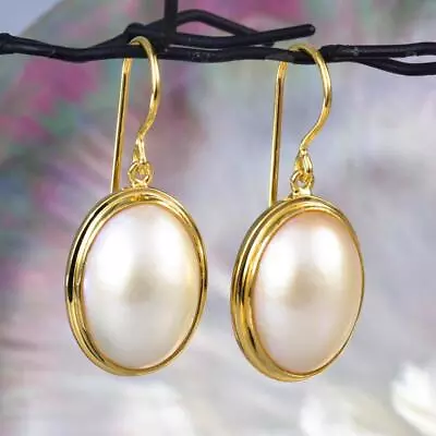 Earrings White Mabe Pearl Oval & 18K Gold Vermeil Over 925 Sterling Silver 5.14g • $72