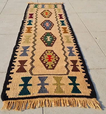 Authentic Hand Knotted Vintage Turkish Kilim Kilim Wool Area Rug 3.2 X 1.1 Ft • $29.99