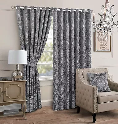 Luxury Jacquard Eyelet Curtains Fully Lined Ready Made Pair Ring Top Window • £37.99