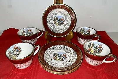 Vtg Mini Demitasse Set 4 Cups & Saucers Victorian Scene 22 Kt Gold Burgundy Whte • $14.99