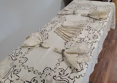 Vintage♡ Madeira Embroidered Venetian Style Needle Lace Tablecloth W/ 12 Napkins • $925