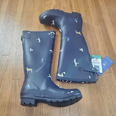 Joules Welly Tall Rubber Rain Boots Sz 8 Navy Blue Dog Pattern NEW NWOB • $59.77