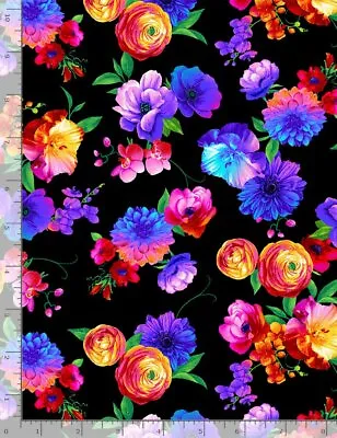 Butterfly Magic Fabric | Bright Rainbow Floral Black | Timeless Treasures YARD • $10.98