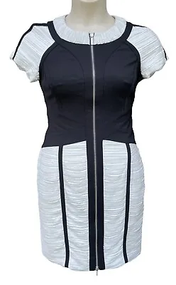 Karen Millen Ruched Zipper Modern Stripe Dress Sheath Twee Girl 8 Black White • $79.99