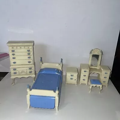 5 Ideal Bedroom Set Blue/Cream Vintage Miniature Dollhouse Furniture  Bed Vanity • $14