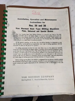 Van Norman Machine Model #26 36 Milling Operator Service Manual & Parts List • $65