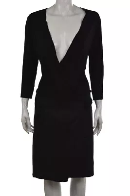 Charles Nolan Womens Dress Size 4 Black Solid Wrap Sheath 3/4 Sleeve Knee Length • $29.99