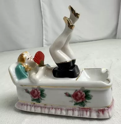 VTG Japan Naughty Nodder Moving Legs Laying Woman Bubble Bath Ceramic Ashtray • $124.99