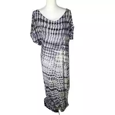 Black White Gray Tie Dye Maxi Dress Size Large Low Back Lightweight Short Sleeve • £19.30