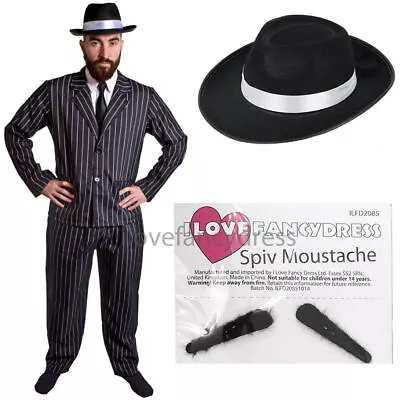 Men's Gangster Costume With Black Hat 5 Piece 1920's Fancy Dress Mafia Pinstripe • £26.99