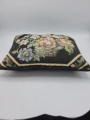 12.5 X10  Cabbage Rose Flower Basket Tapestry Fabric Pillow W/ Black Silk Back & • $10.50