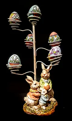 Metal Easter Egg Tree W/Resin Rabbit Family & Carved Eggs Easter Home Decoration • $25