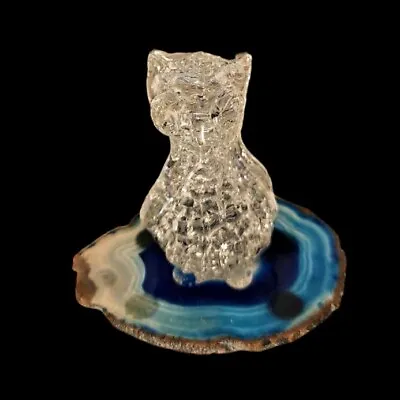 Vintage Clear Glass Crystal Textured Horn Owl On Blue Agate Slab Colorado 2.5  • $21