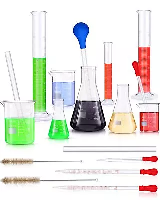 18-Piece Lab Glassware Set: Beakers Flasks Cylinders Brushes Rods Flasks • $46.43