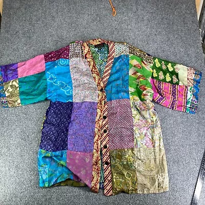 Vintage Silk By Sacred Threads Kimono Jacket Womens XL Multicolor Patchwork • $4.88