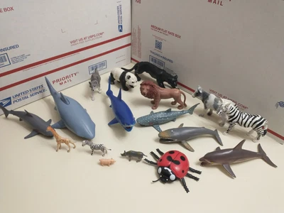 $14.99 • Buy Lot Of 17 Plastic Toy Animals. Various Kinds. Sharks, Farm, Lion, Panda And More
