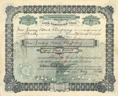 New Jersey Patent Co. Signed By Thomas A. Edison - Stock Certificate - Autograph • $2255