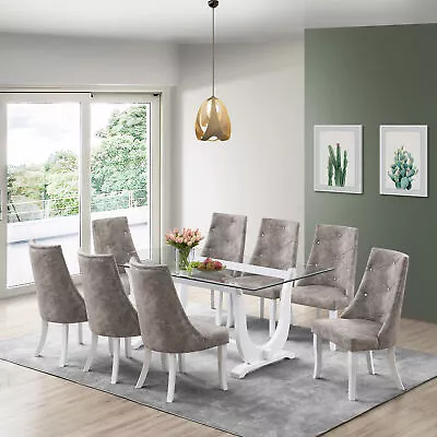 Kings Brand - Elmer 9 Piece Glass Top Dining Set Table & 8 Chairs White/Gray • $1199.99