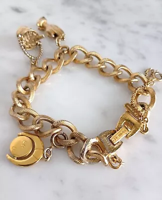 Vintage Monet Gold Tone Charm Bracelet 7  With 3 Charms And Safety Chain • $40