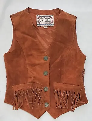 G-III Global Identity Mens Brown Leather Western Button Up Vest Tassels Small • $34.95
