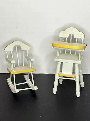 Miniature Dollhouse Wooden Baby High Chair Lift Able Tray & Rocking Chair Vintag • $25