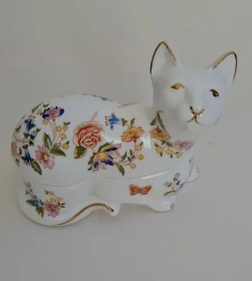 Aynsley Cottage Garden Fine Bone China Lying Cat Lidded Trinket Box  Figurine • £12