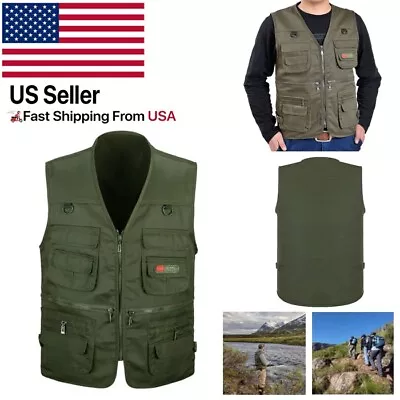 Mens Cargo Multi Pocket Utility Vest Fishing Hiking Camping Gilet Waistcoat Tops • $18.99