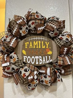 FARMHOUSE Family Food & Football 🏈 THANKSGIVING Wreath DECO MESH BURLAP 22 X 22 • $68.95