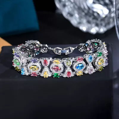 Bling Blue CZ Tennis Chain Link Bracelet Bridal Vintage Ethnic Wedding Jewelry • $12.60