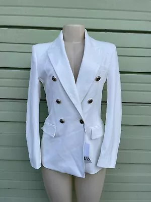 New Zara Women's Tailored Double Breasted Blazer White Gold Buttons Size S #7255 • $76.49