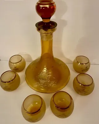 Vintage MCM Bohemia Amber & Gold Decanter Set W/ 6 Glasses - Ship/Nautical Motif • $49.99