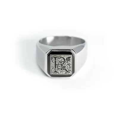 Stainless Steel Floral Monogram Letter R Mens Square Biker Flat Top Signet Ring • $14.50