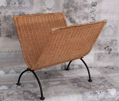 Vintage Folding Black Metal Woven Wicker Rattan Magazine Newspaper Rack Boho • £20